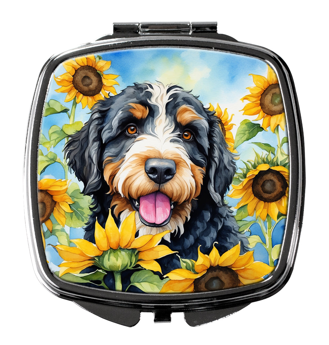 3 x 2.75 in. Bernedoodle in Sunflowers Compact Mirror