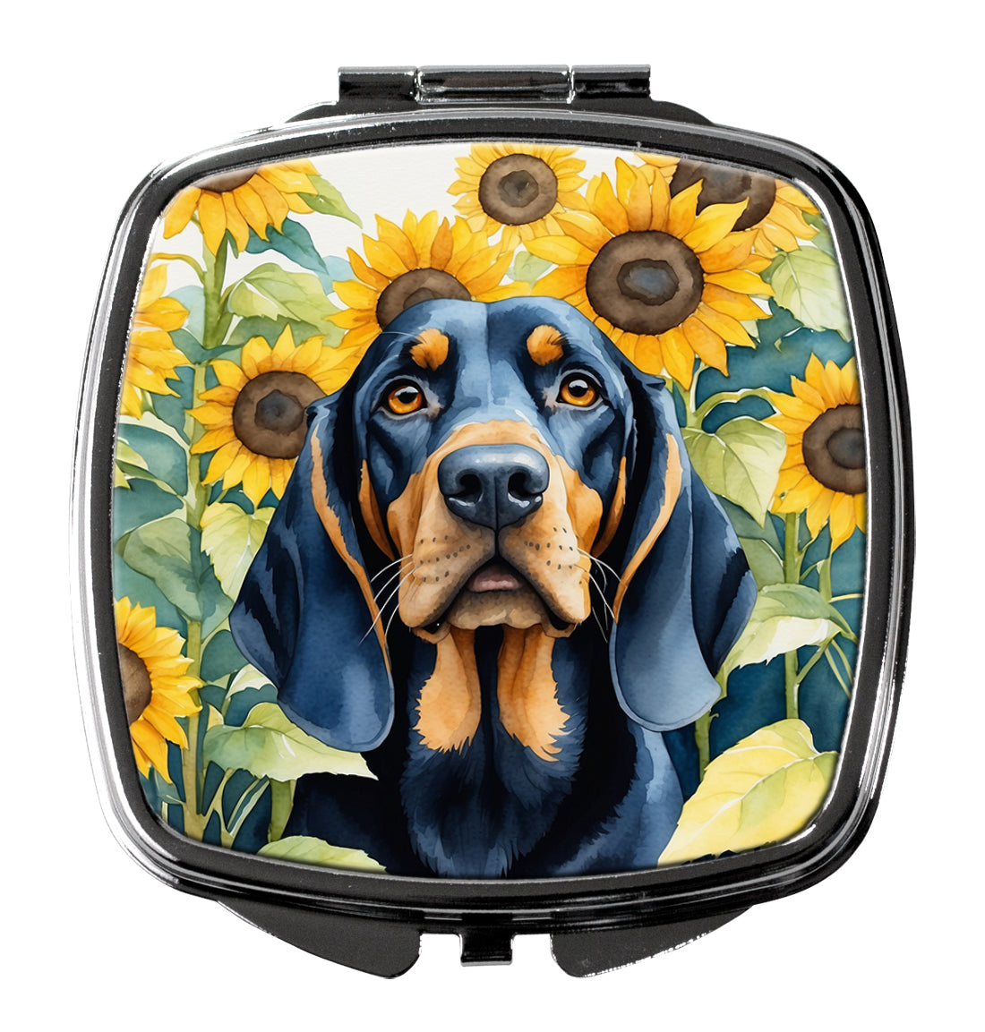 DAC6028SCM 3 x 2.75 in. Black & Tan Coonhound in Sunflowers Compact Mirror