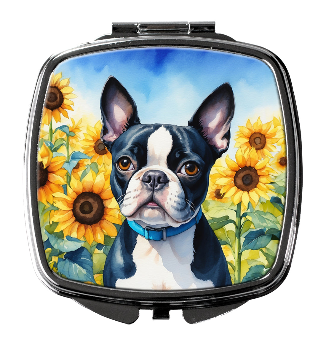 3 x 2.75 in. Boston Terrier in Sunflowers Compact Mirror