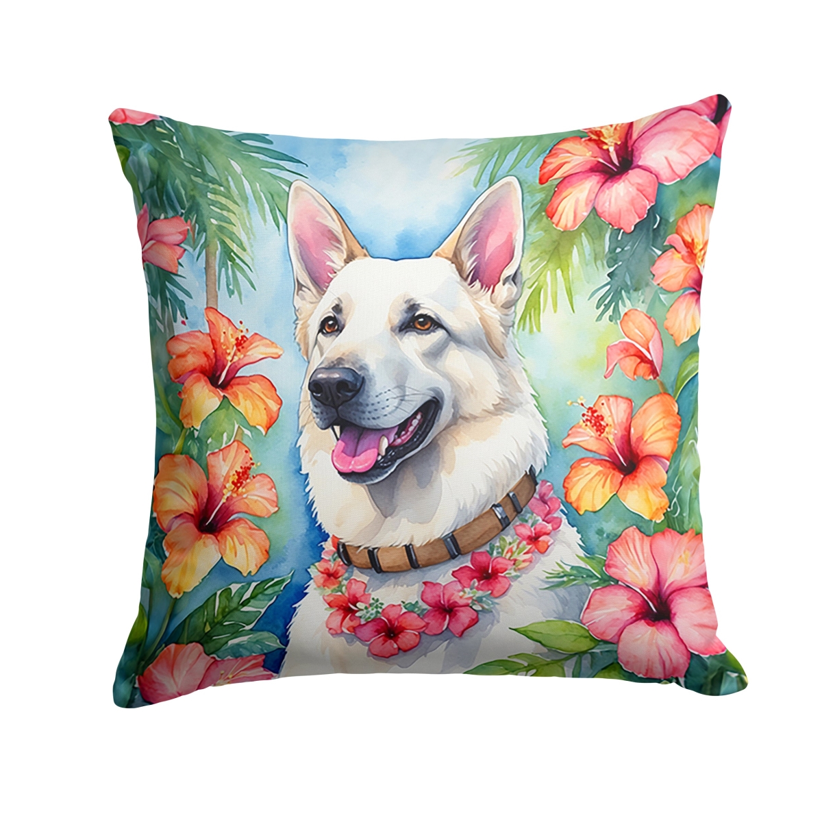 14 x 14 in. White German Shepherd Luau Throw Pillow