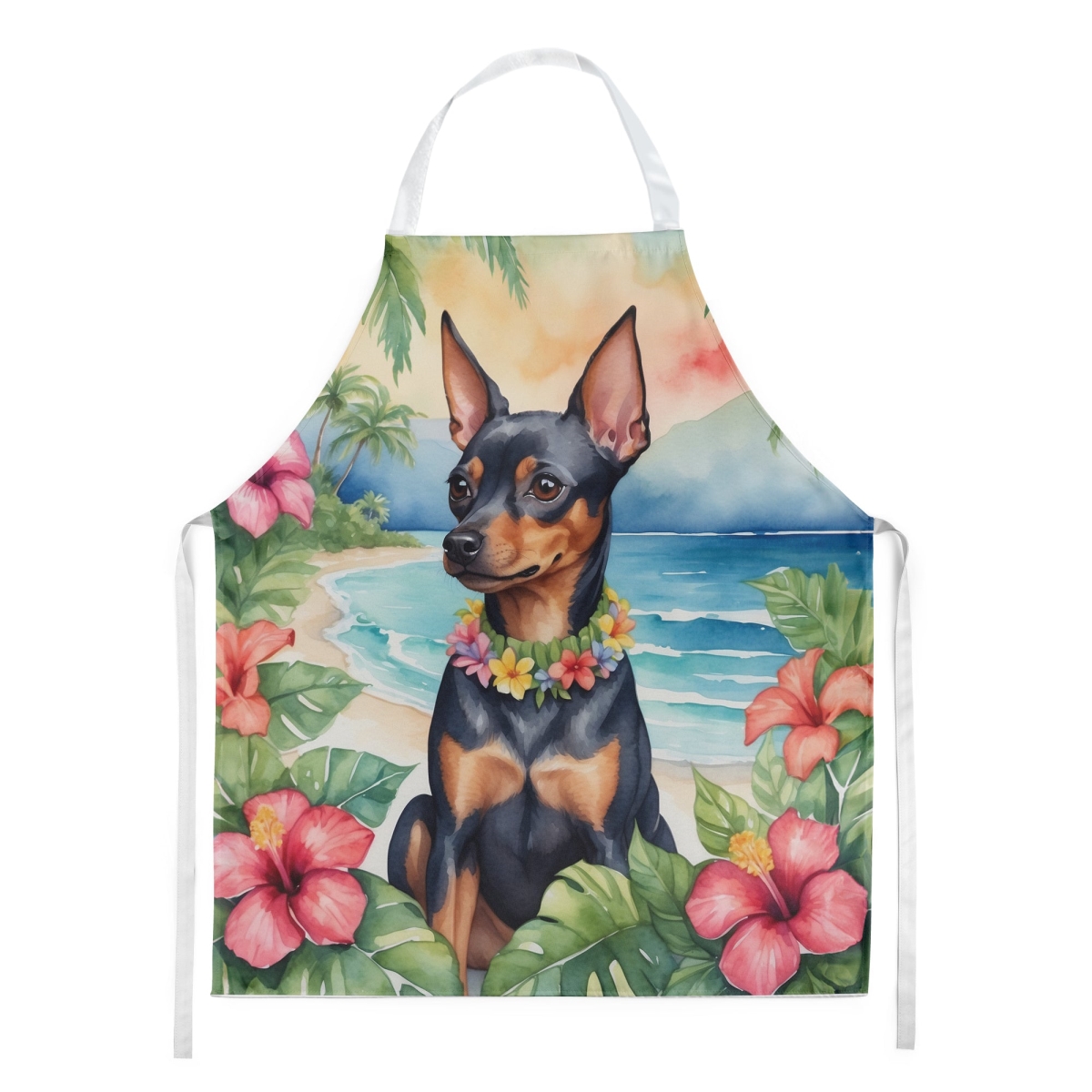 Picture of Carolines Treasures DAC6476APRON 30 x 27 in. Miniature Pinscher Luau Apron