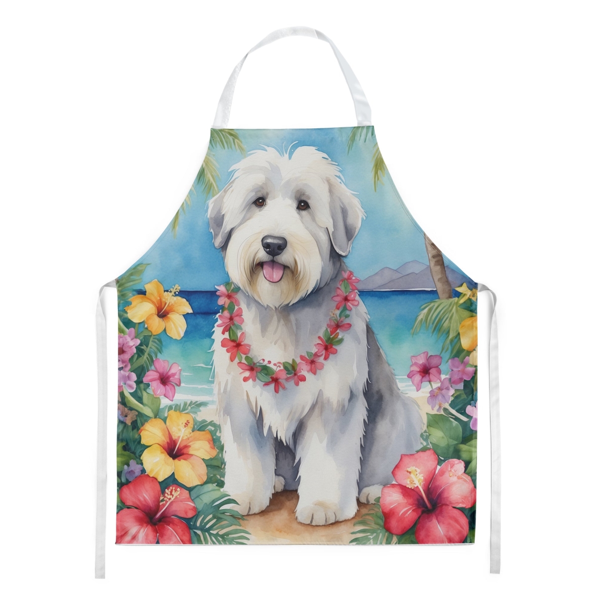 Picture of Carolines Treasures DAC6484APRON 30 x 27 in. Old English Sheepdog Luau Apron