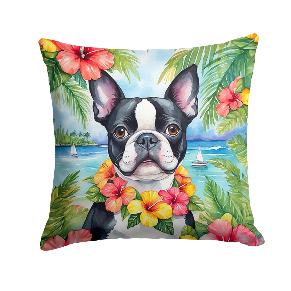 18 x 18 in. Boston Terrier Luau Throw Pillow