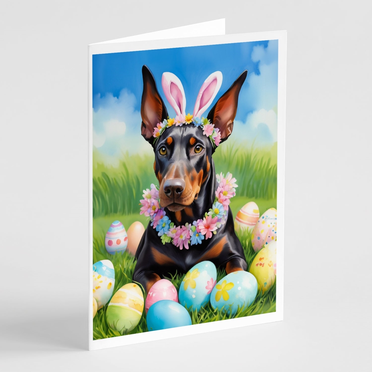 DAC5013GCA7P 5 x 7 in. Doberman Pinscher Easter Egg Hunt Greeting Cards - Pack of 8