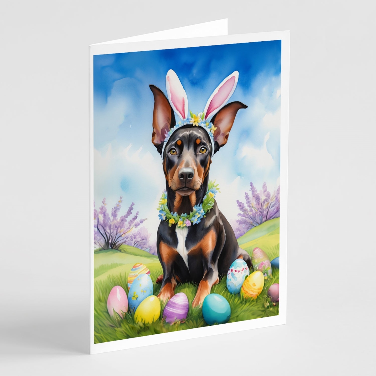 DAC5014GCA7P 5 x 7 in. Doberman Pinscher Easter Egg Hunt Greeting Cards - Pack of 8