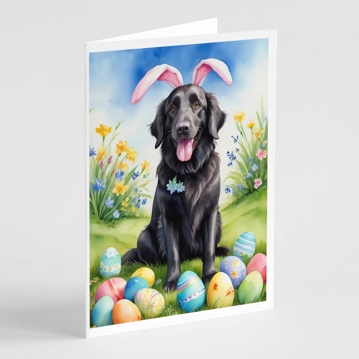 DAC5034GCA7P 5 x 7 in. Flat-Coated Retriever Easter Egg Hunt Greeting Cards - Pack of 8