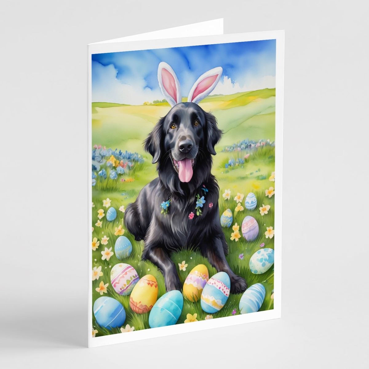 5 x 7 in. Flat-Coated Retriever Easter Egg Hunt Greeting Cards - Pack of 8