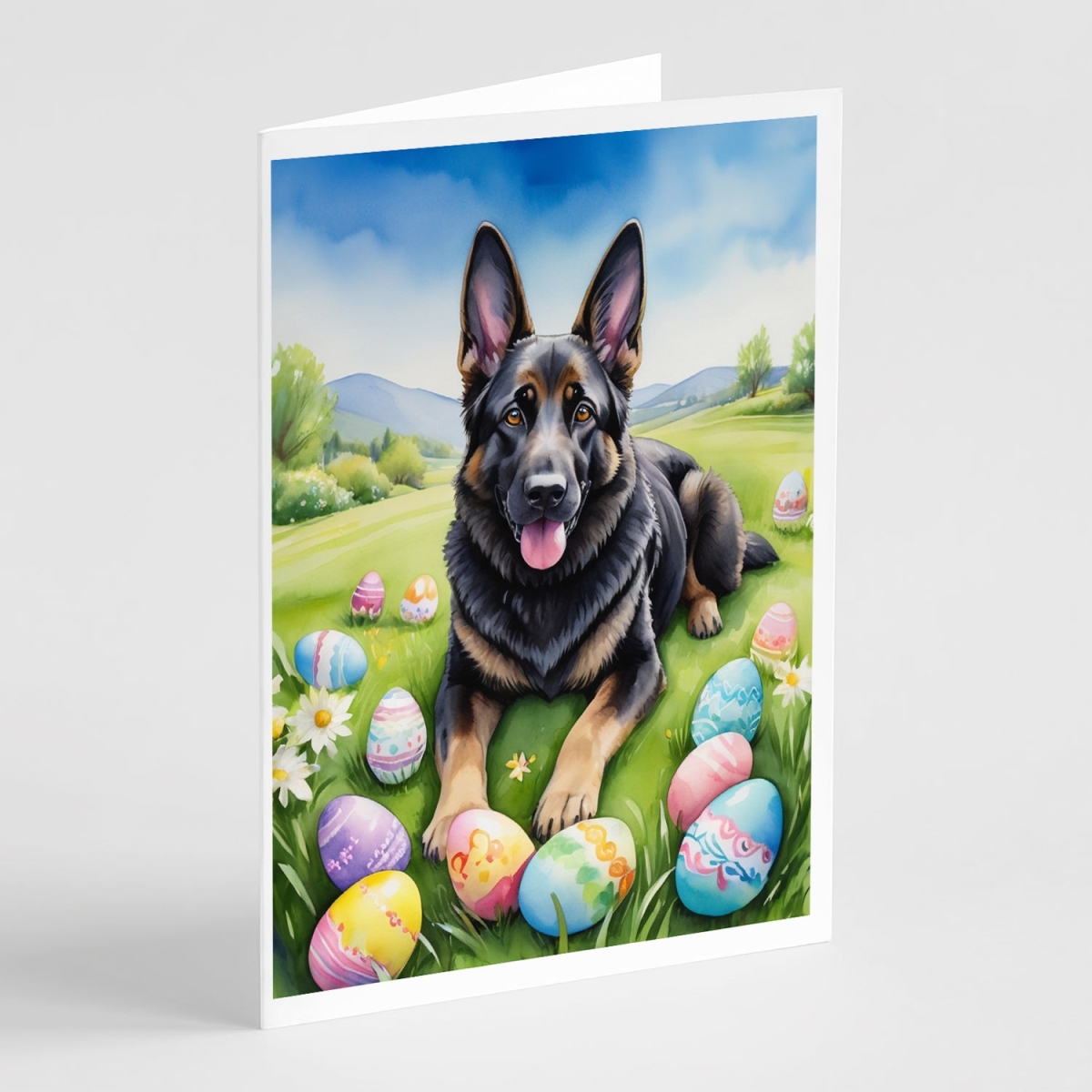 DAC5042GCA7P 5 x 7 in. Black German Shepherd Easter Egg Hunt Greeting Cards - Pack of 8