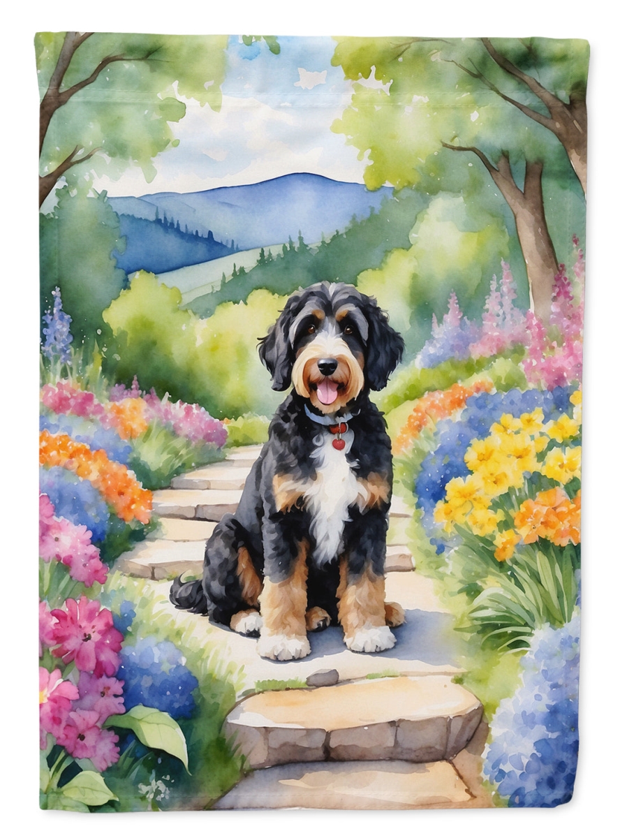 15.5 x 11.25 in. Bernedoodle Spring Path Garden Flag