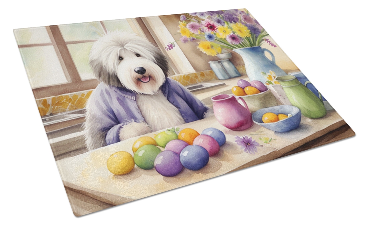 DAC6863LCB 15 x 12 in. Decorating Easter Old English Sheepdog Glass Cutting Board