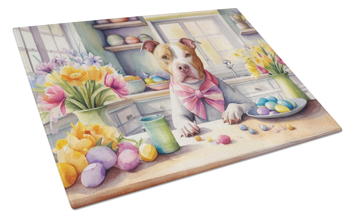 15 x 12 in. Decorating Easter Pit Bull Terrier Glass Cutting Board