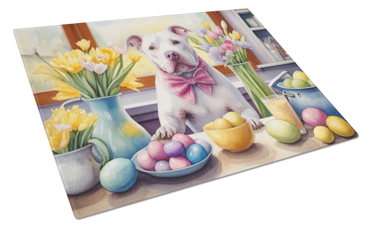 15 x 12 in. Decorating Easter Pit Bull Terrier Glass Cutting Board