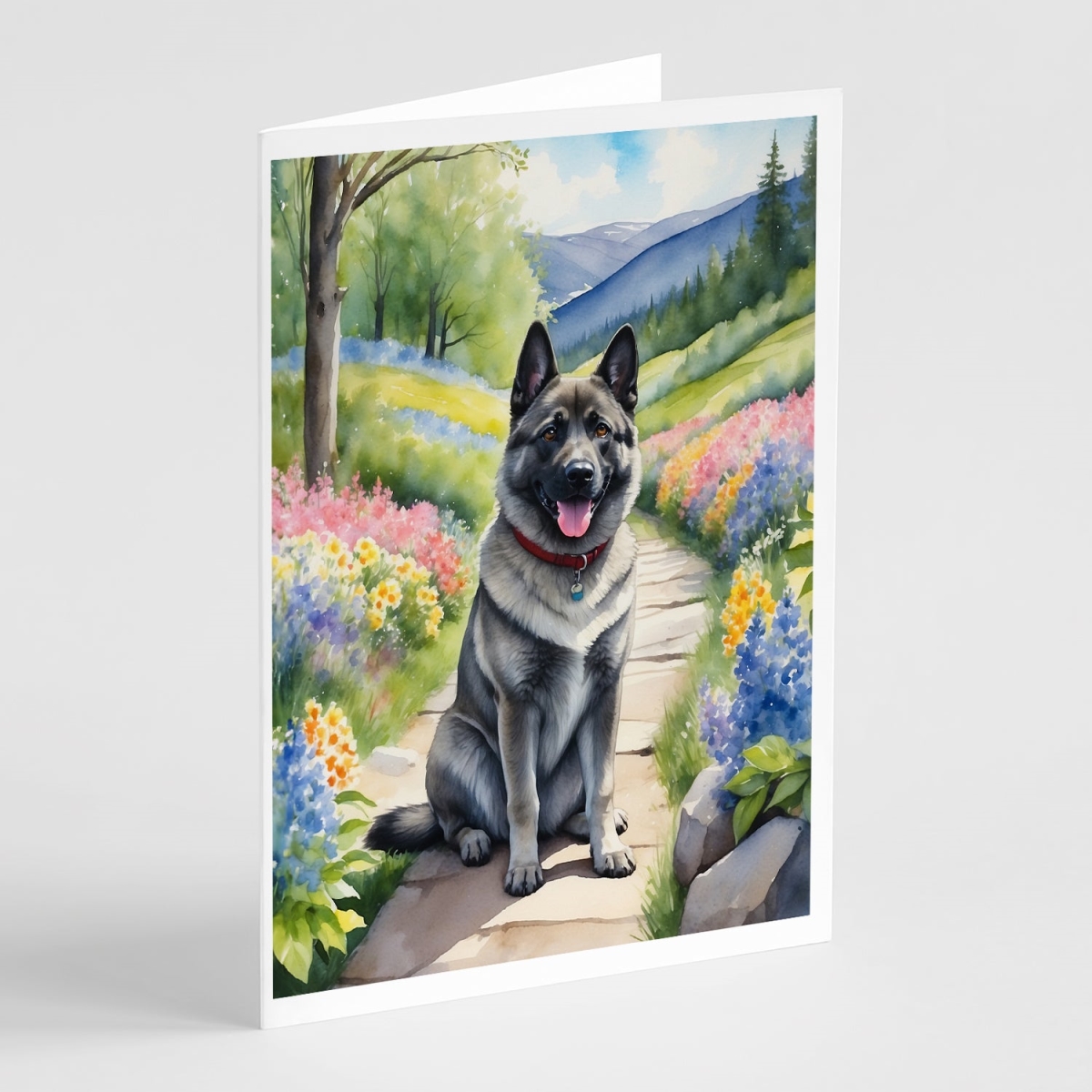 DAC6679GCA7P 5 x 7 in. Norwegian Elkhound Spring Path Greeting Cards - Pack of 8