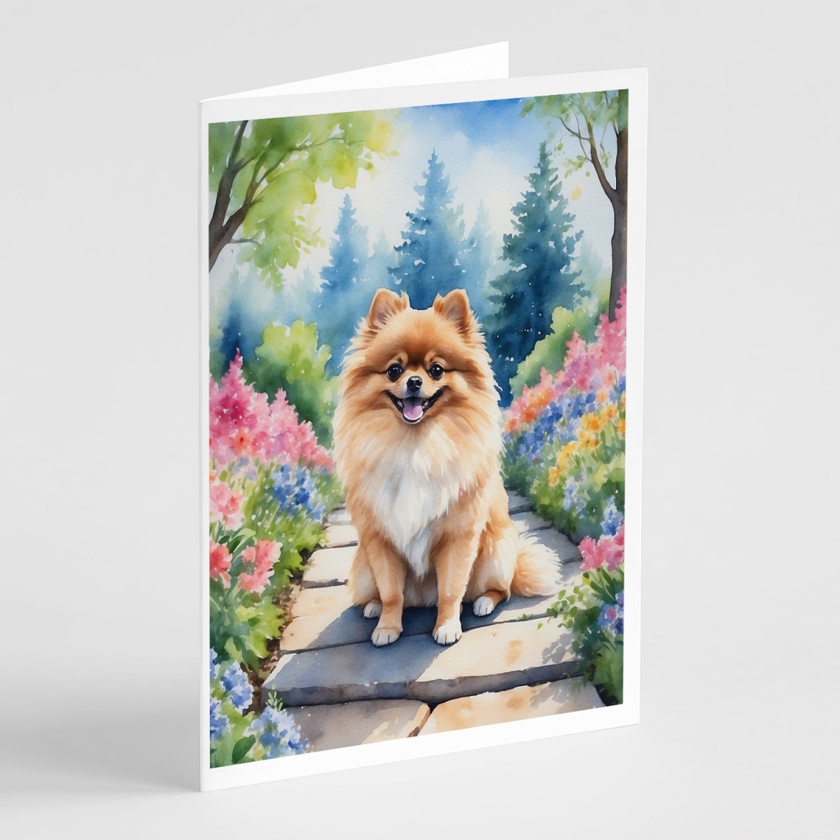 DAC6690GCA7P 5 x 7 in. Pomeranian Spring Path Greeting Cards - Pack of 8