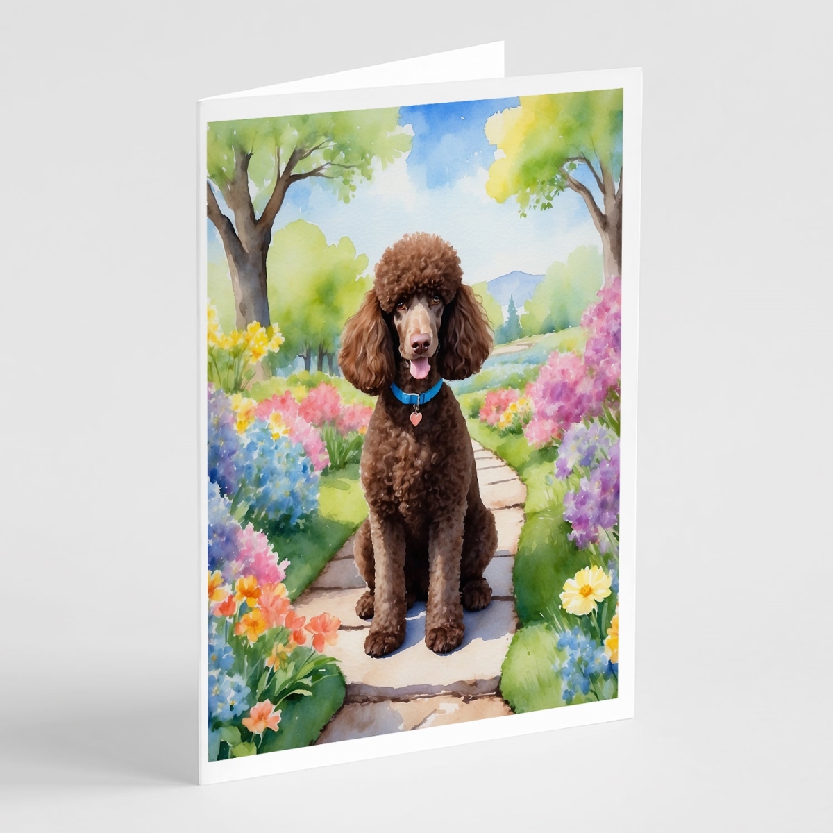 5 x 7 in. Chocolate Poodle Spring Path Greeting Cards - Pack of 8