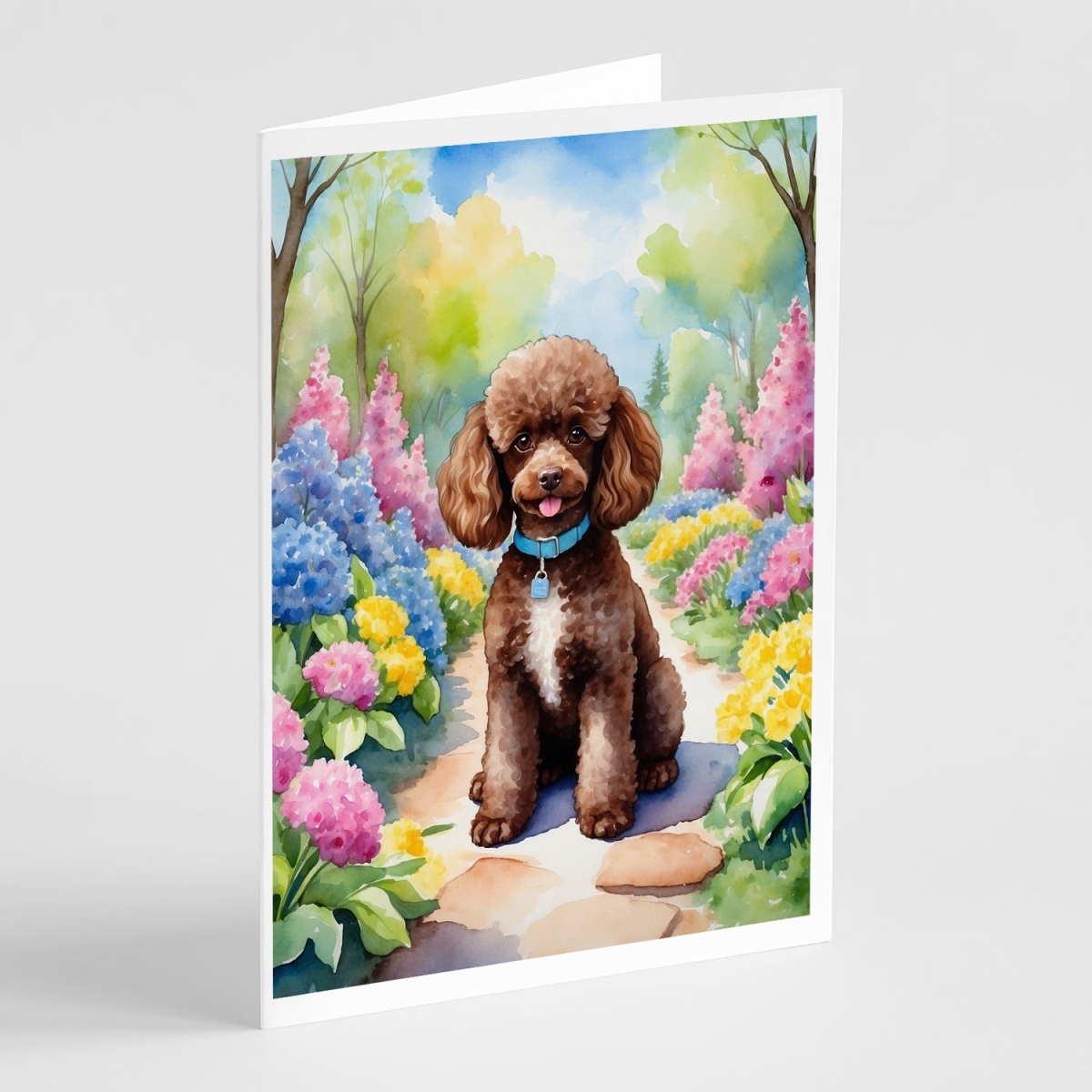 5 x 7 in. Chocolate Poodle Spring Path Greeting Cards - Pack of 8