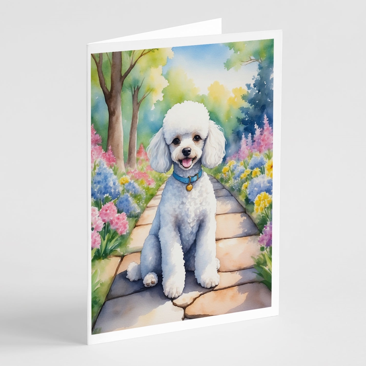 5 x 7 in. White Poodle Spring Path Greeting Cards - Pack of 8