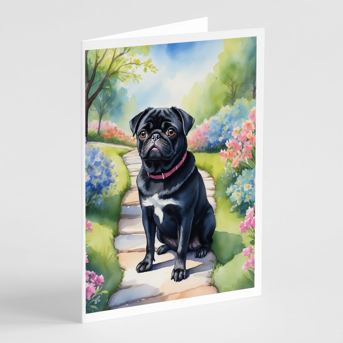 5 x 7 in. Black Pug Spring Path Greeting Cards - Pack of 8