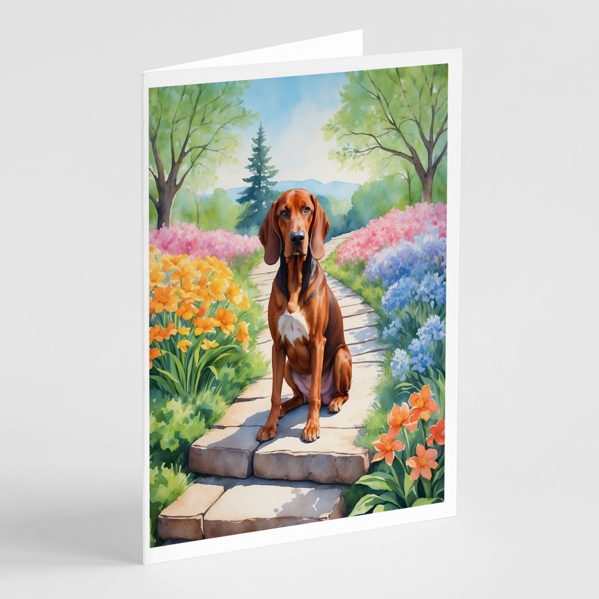 DAC6703GCA7P 5 x 7 in. Redbone Coonhound Spring Path Greeting Cards - Pack of 8
