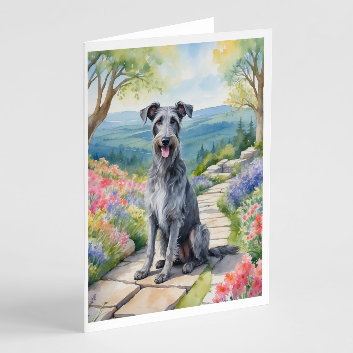DAC6710GCA7P 5 x 7 in. Scottish Deerhound Spring Path Greeting Cards - Pack of 8