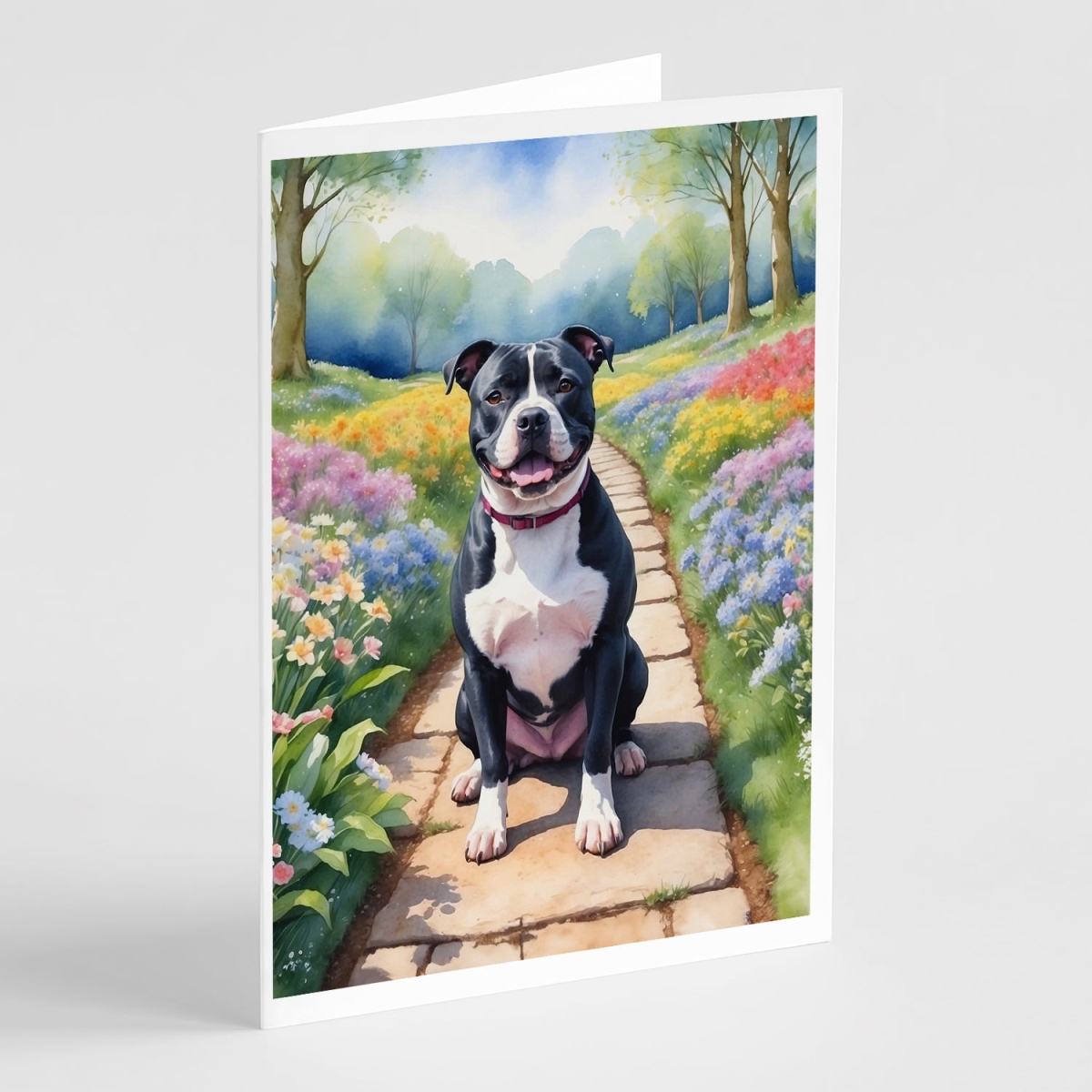 DAC6722GCA7P 5 x 7 in. Staffordshire Bull Terrier Spring Path Greeting Cards - Pack of 8