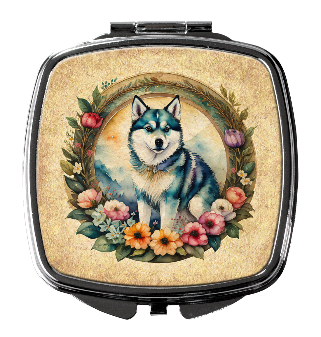 3 x 2.75 in. Alaskan Klee Kai & Flowers Compact Mirror