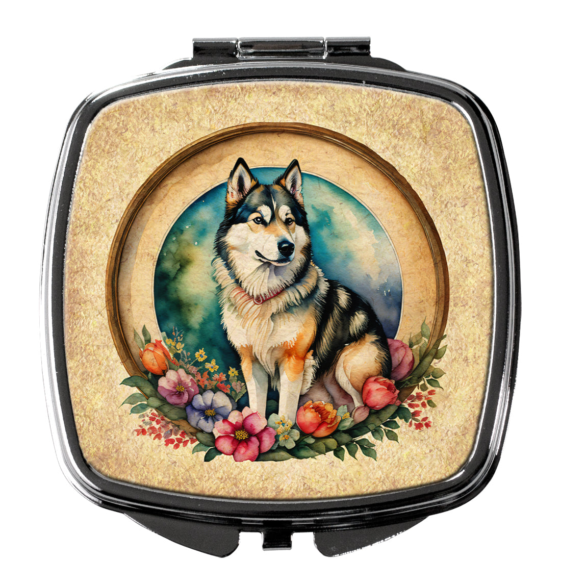 3 x 2.75 in. Alaskan Malamute & Flowers Compact Mirror