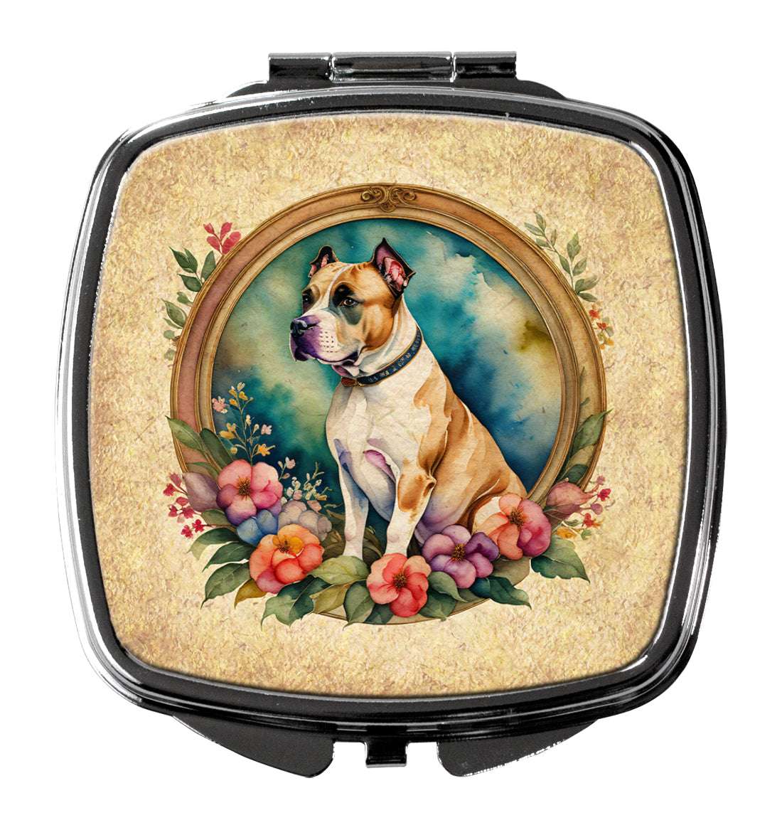 3 x 2.75 in. American Staffordshire Terrier & Flowers Compact Mirror
