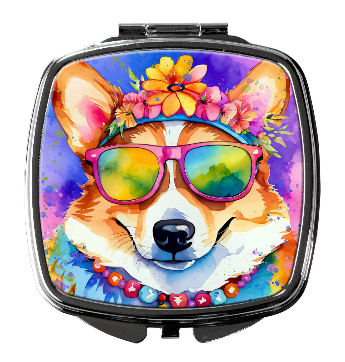 3 x 2.75 in. Corgi Hippie Dawg Compact Mirror