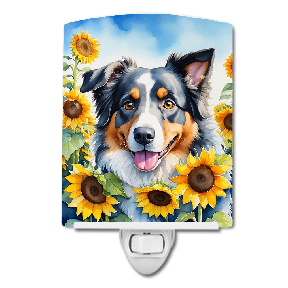 DAC6014CNL 6 x 4 in. Australian Shepherd in Sunflowers Ceramic Night Light