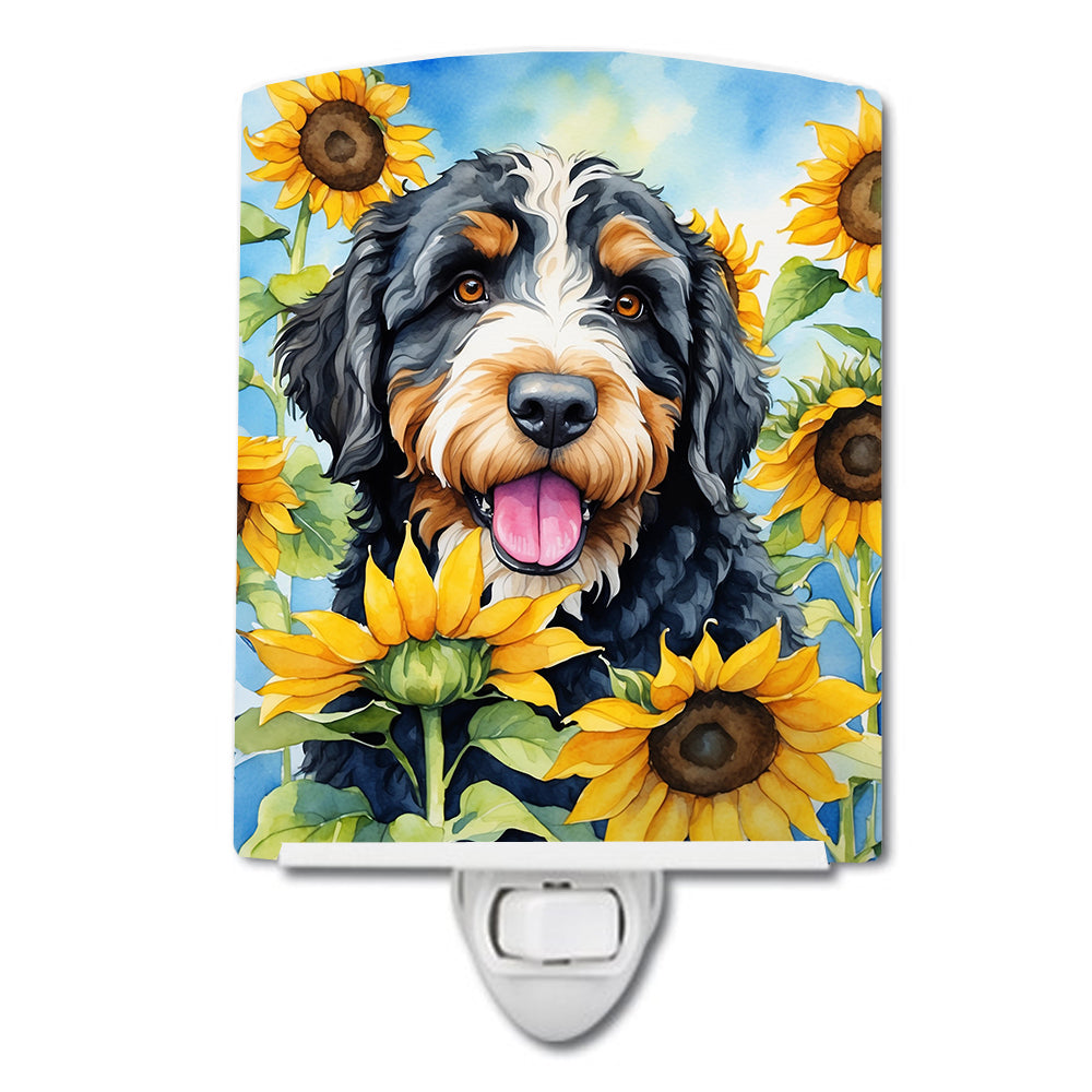 DAC6025CNL 6 x 4 in. Bernedoodle in Sunflowers Ceramic Night Light