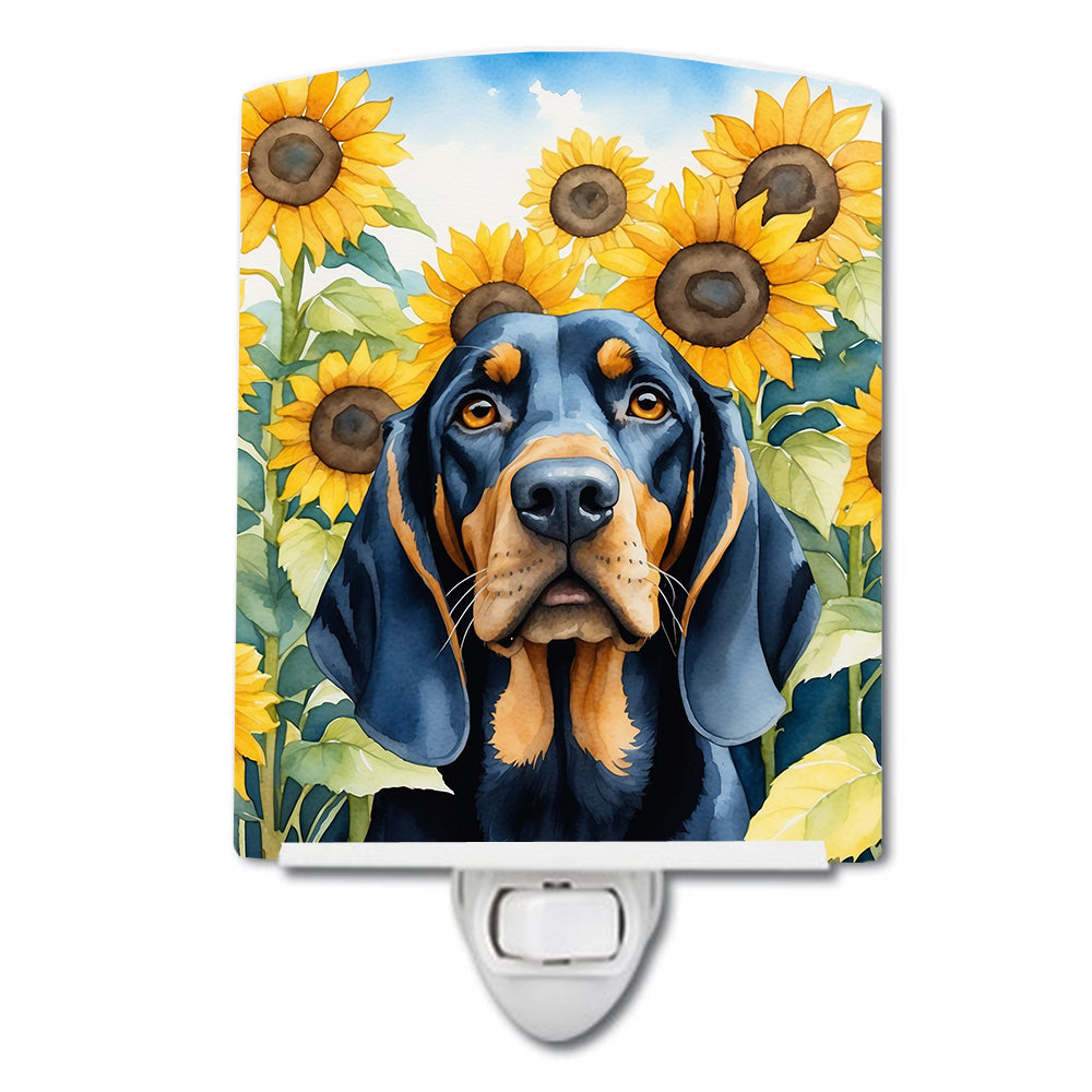 6 x 4 in. Black & Tan Coonhound in Sunflowers Ceramic Night Light
