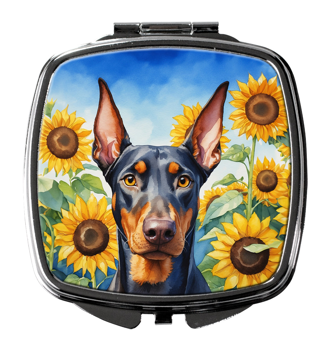DAC6068SCM 3 x 2.75 in. Doberman Pinscher in Sunflowers Compact Mirror