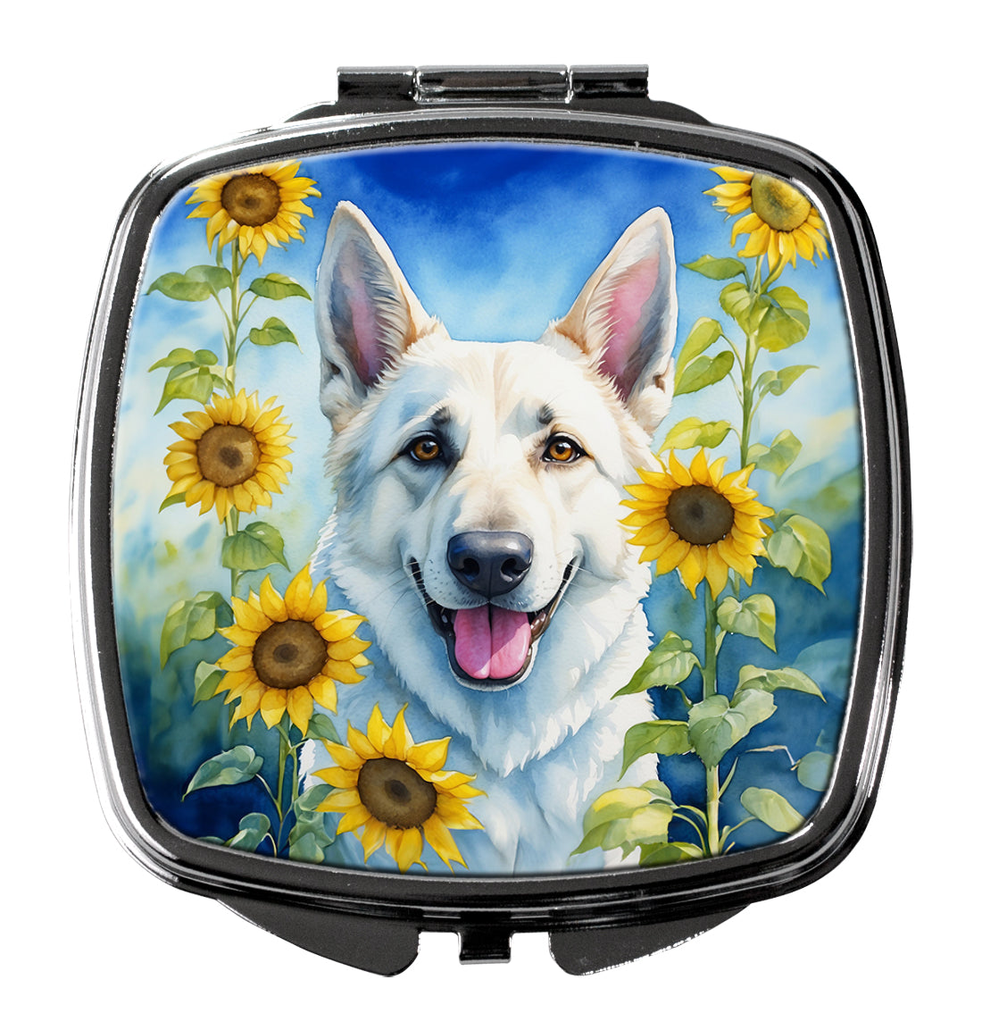 DAC6083SCM 3 x 2.75 in. White German Shepherd in Sunflowers Compact Mirror
