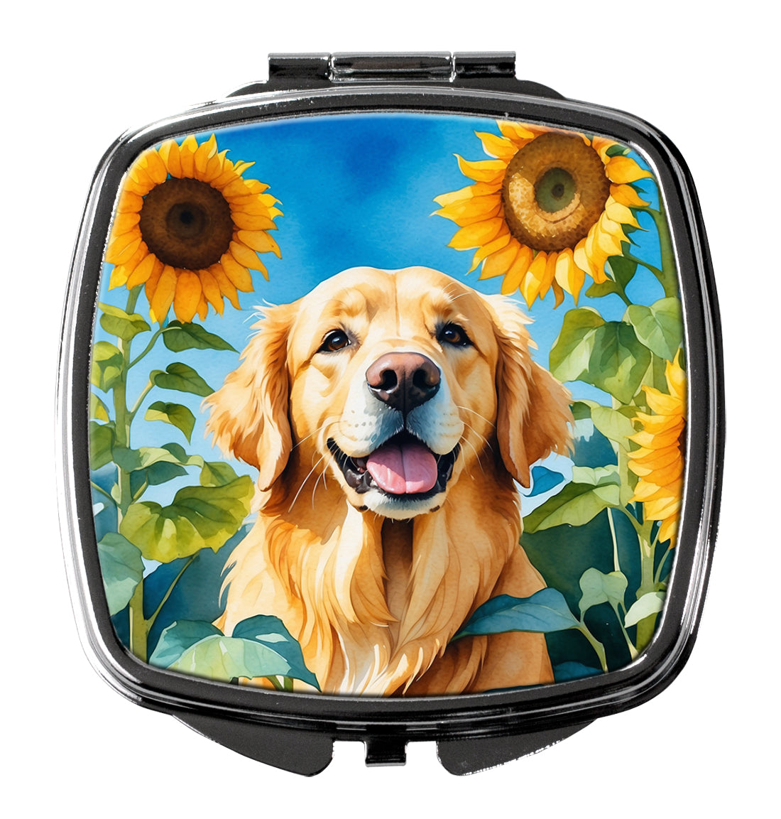 3 x 2.75 in. Golden Retriever in Sunflowers Compact Mirror
