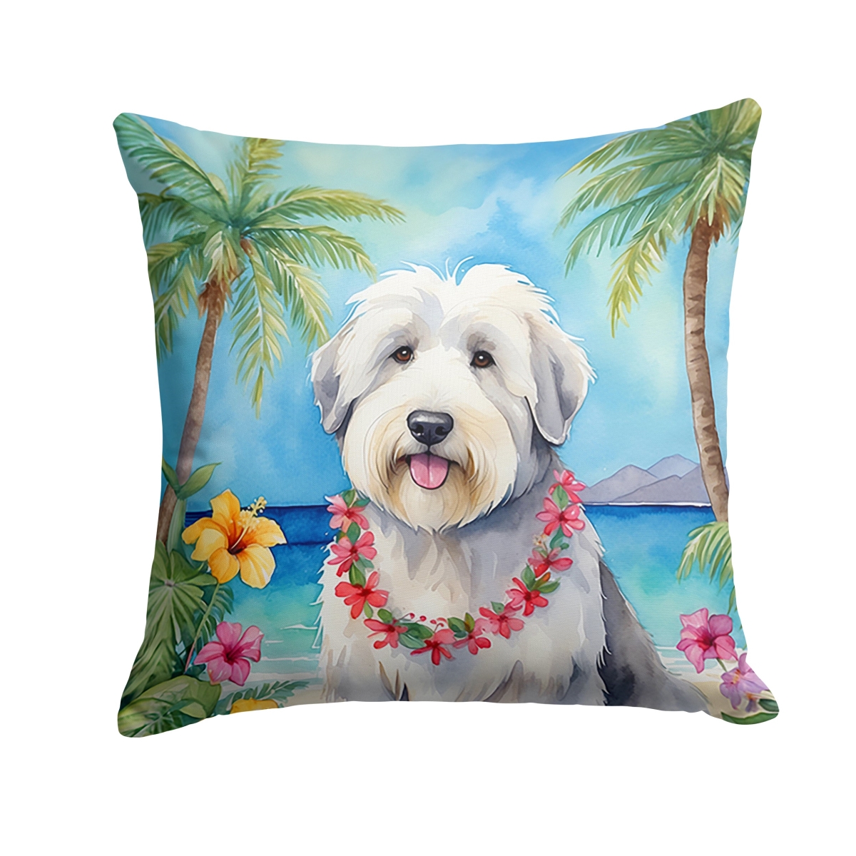 DAC6484PW1414 14 x 14 in. Old English Sheepdog Luau Throw Pillow