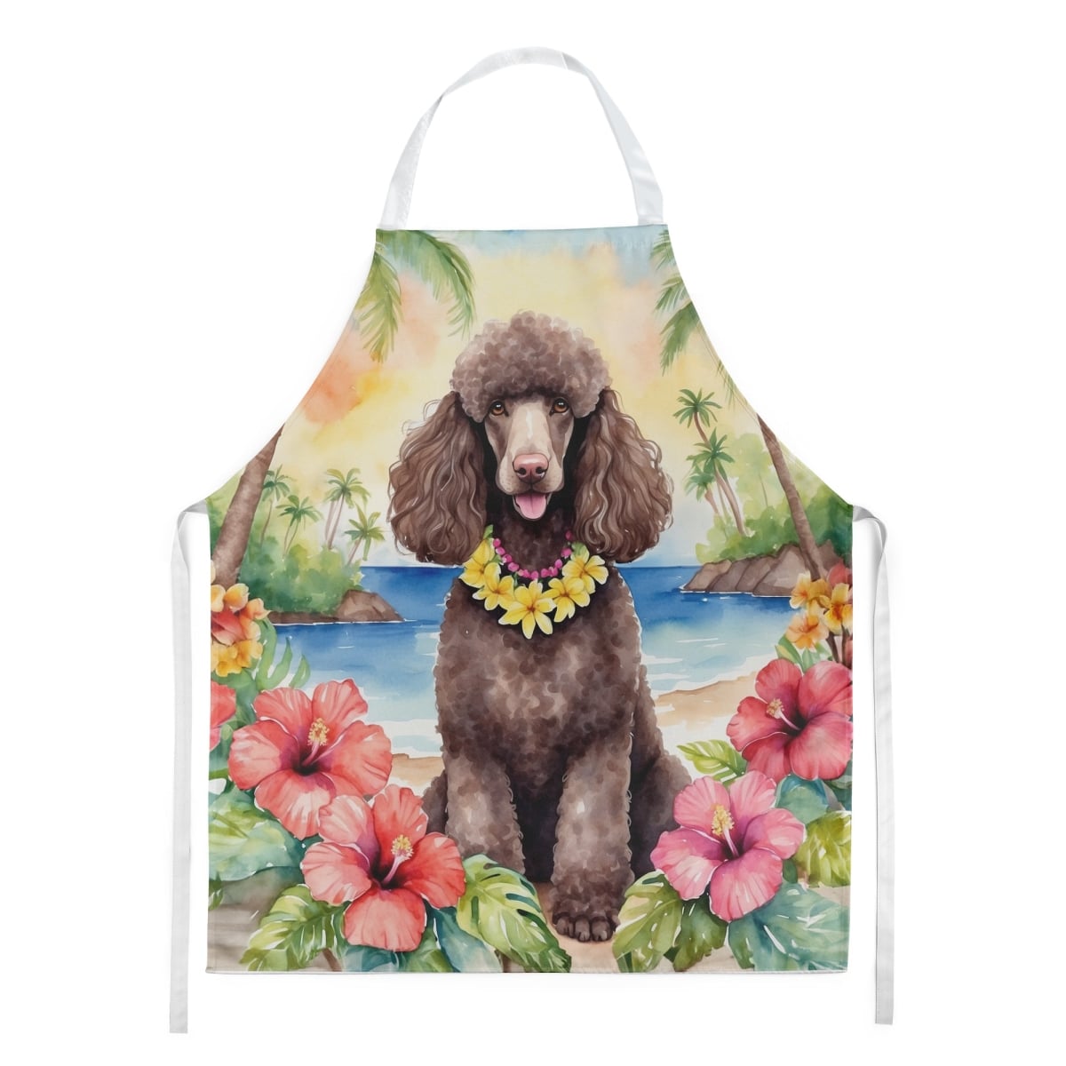 Picture of Carolines Treasures DAC6499APRON 30 x 27 in. Chocolate Poodle Luau Apron