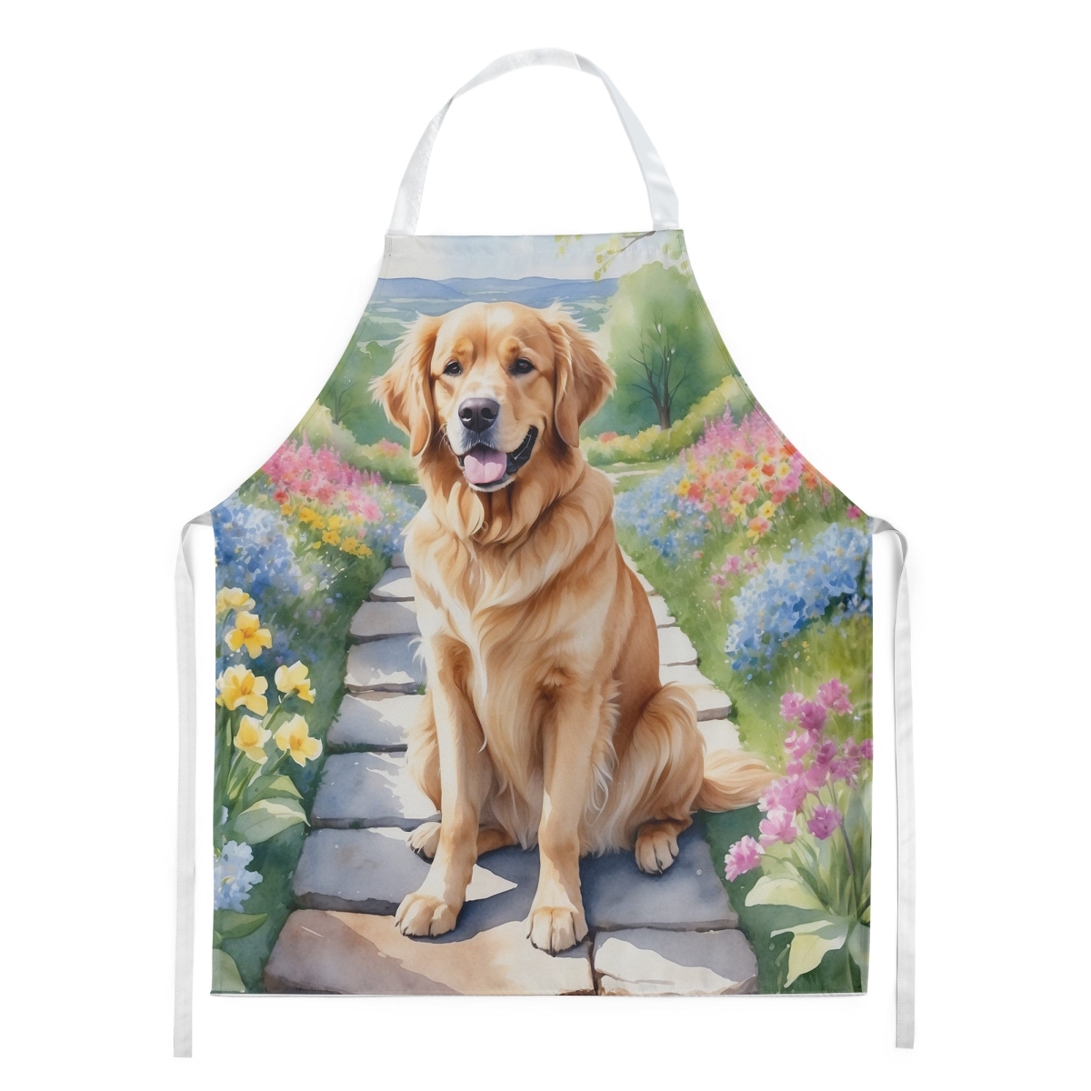 Picture of Carolines Treasures DAC6636APRON 30 x 27 in. Golden Retriever Spring Path Apron