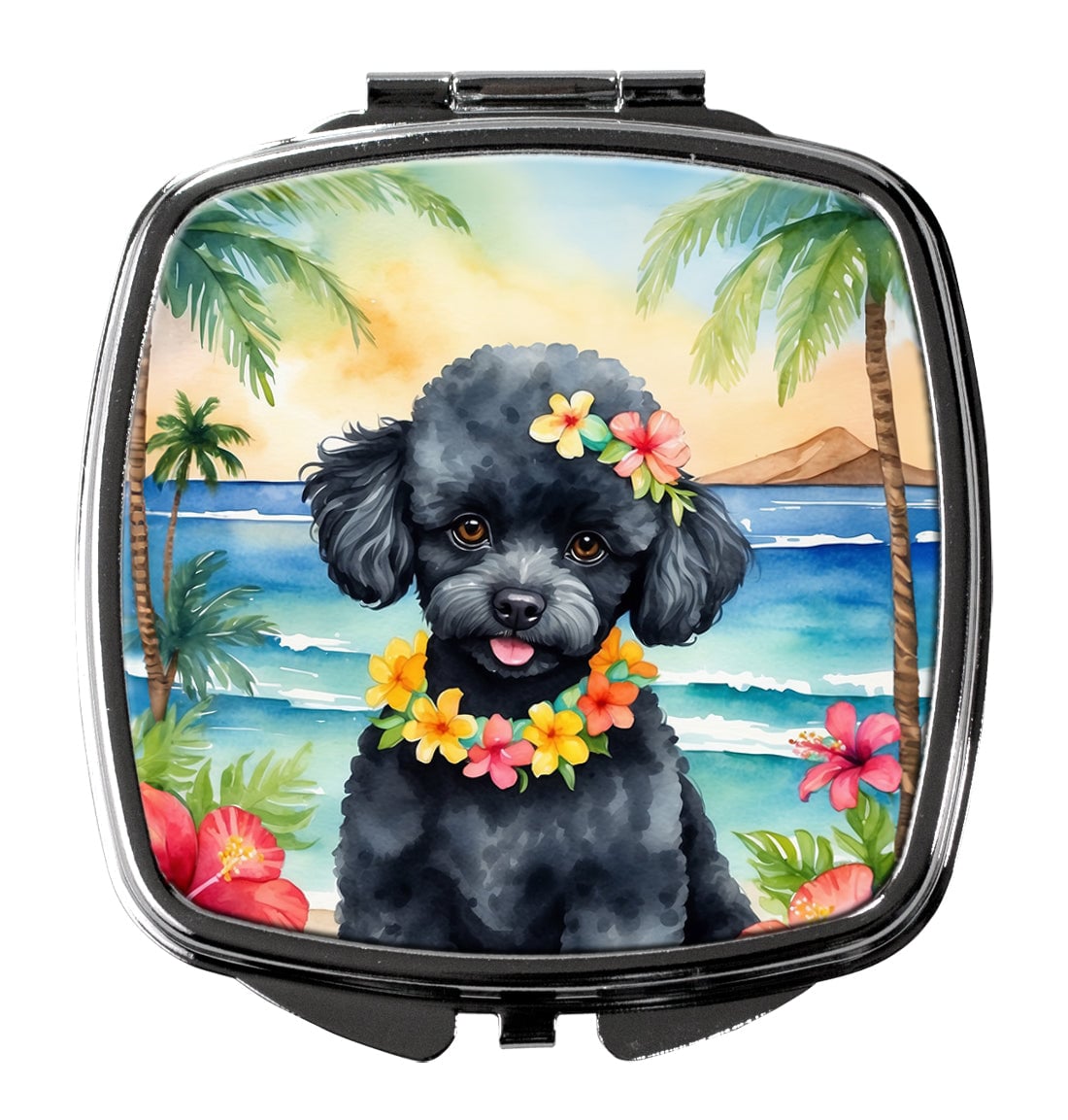 DAC6498SCM 3 x 2.75 in. Black Poodle Luau Compact Mirror