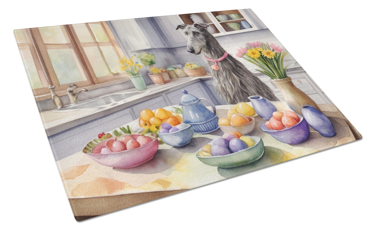 15 x 12 in. Decorating Easter Scottish Deerhound Glass Cutting Board