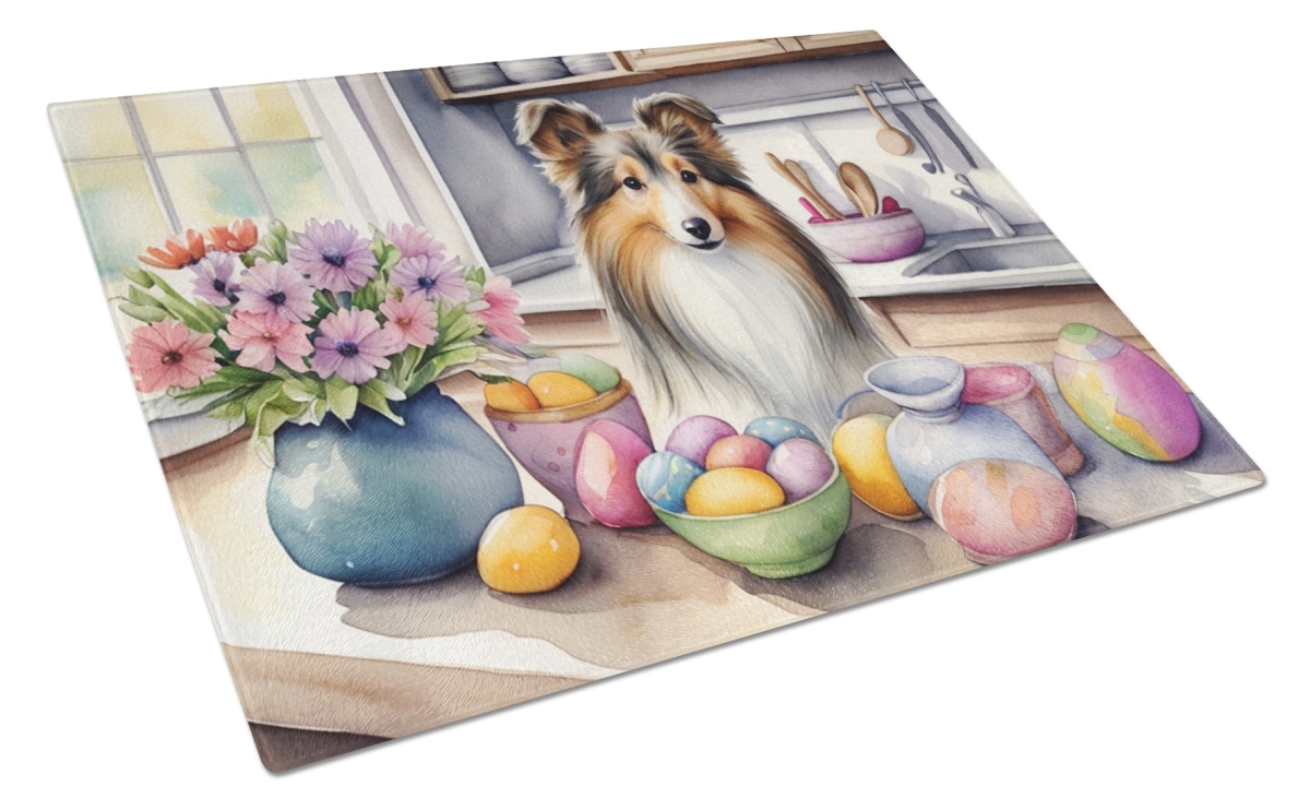15 x 12 in. Decorating Easter Sheltie Glass Cutting Board