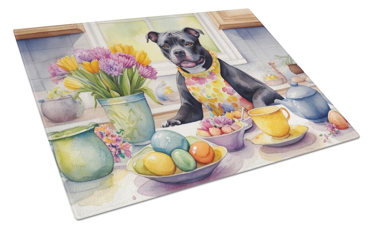 15 x 12 in. Decorating Easter Staffordshire Bull Terrier Glass Cutting Board