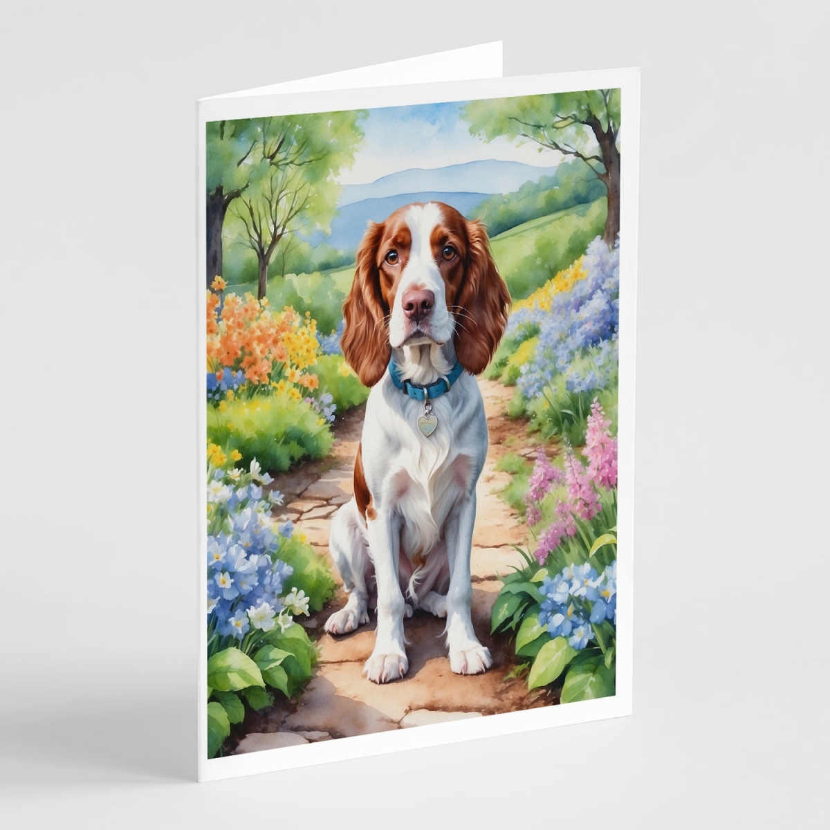 DAC6729GCA7P 5 x 7 in. Welsh Springer Spaniel Spring Path Greeting Cards - Pack of 8