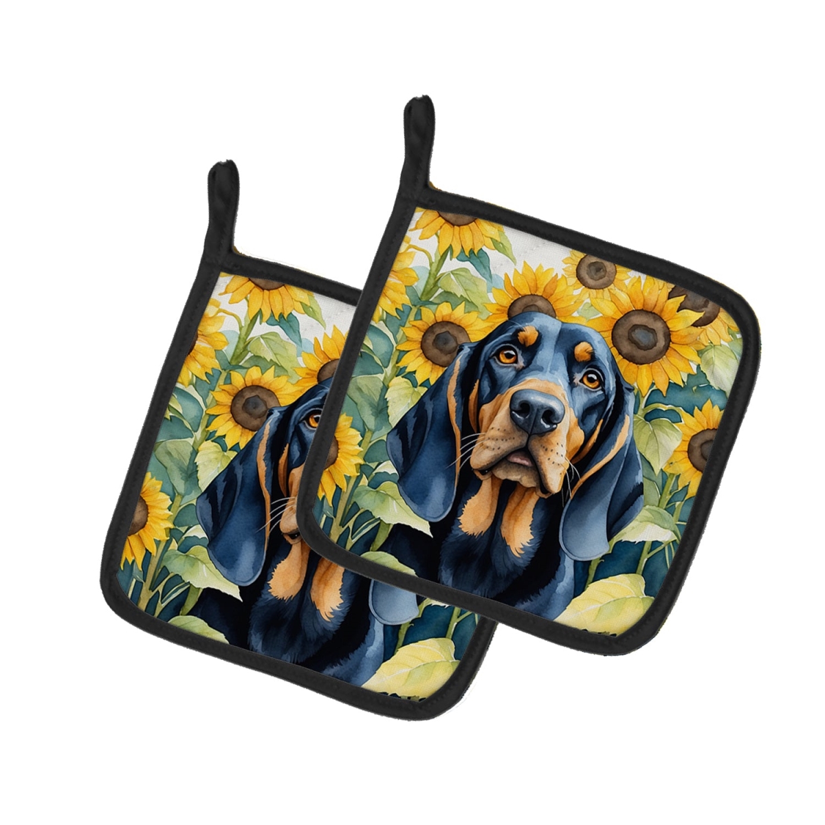 DAC6028PTHD 7.5 x 7.5 in. Black & Tan Coonhound in Sunflowers Pair of Pot Holder