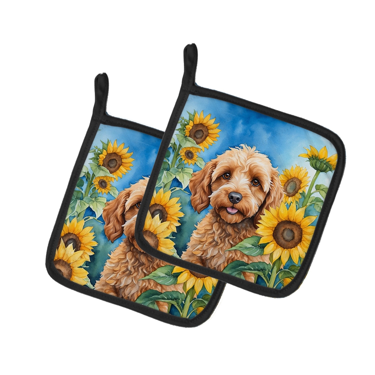7.5 x 7.5 in. Cockapoo in Sunflowers Pair of Pot Holder