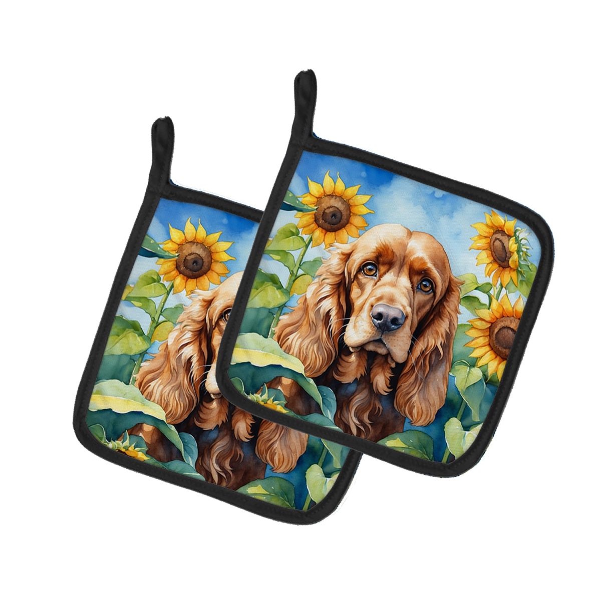 7.5 x 7.5 in. Cocker Spaniel in Sunflowers Pair of Pot Holder