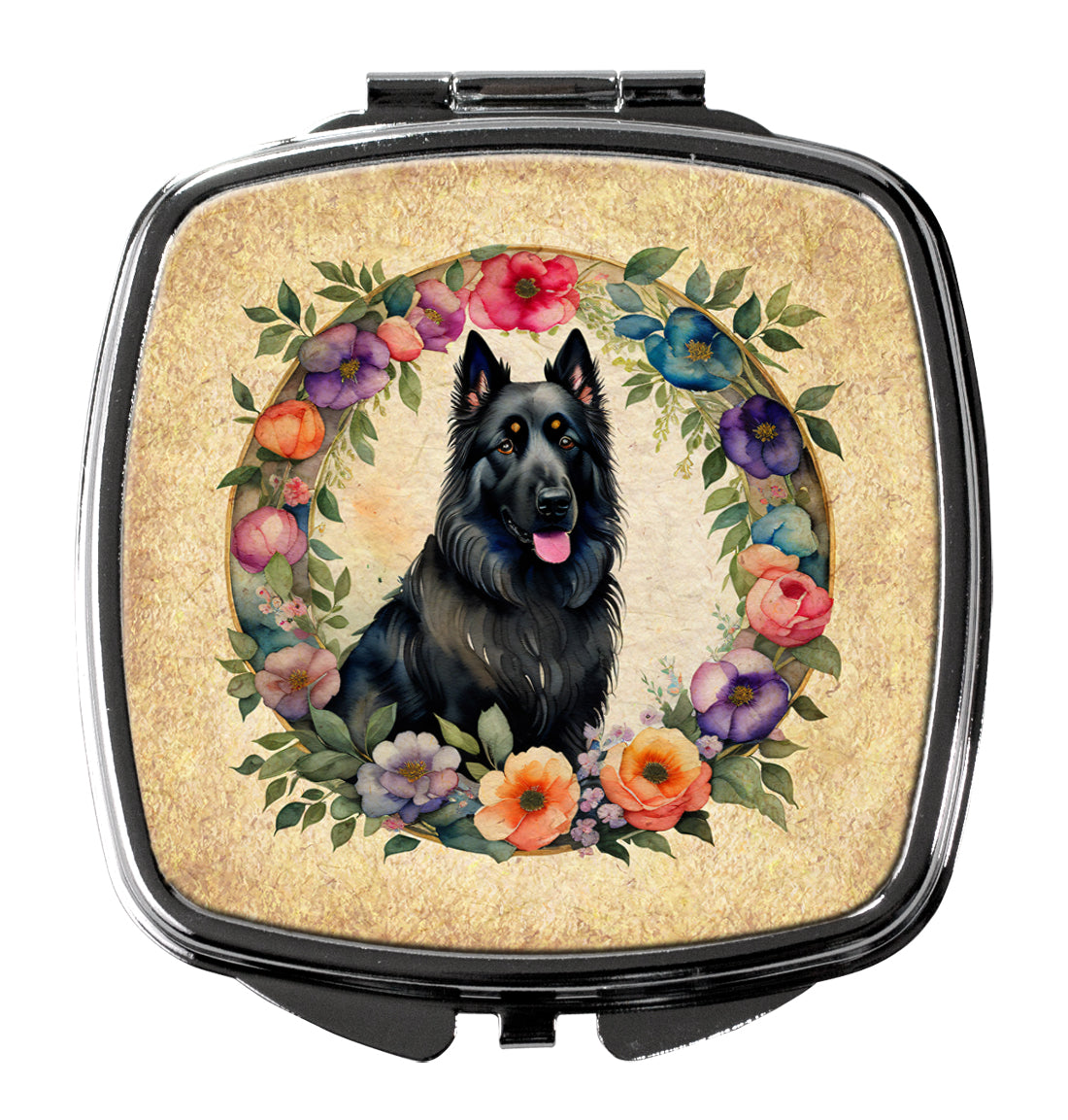 DAC2091SCM 3 x 2.75 in. Belgian Sheepdog & Flowers Compact Mirror