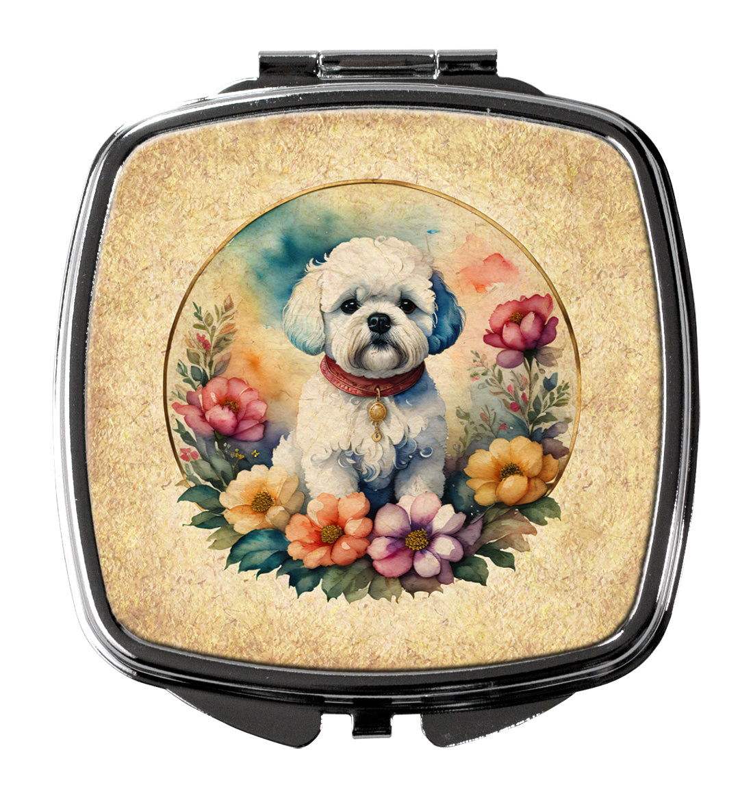 3 x 2.75 in. Bichon Frise & Flowers Compact Mirror