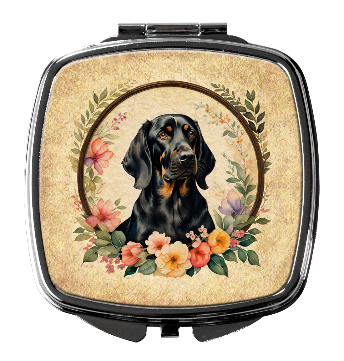 3 x 2.75 in. Black & Tan Coonhound & Flowers Compact Mirror