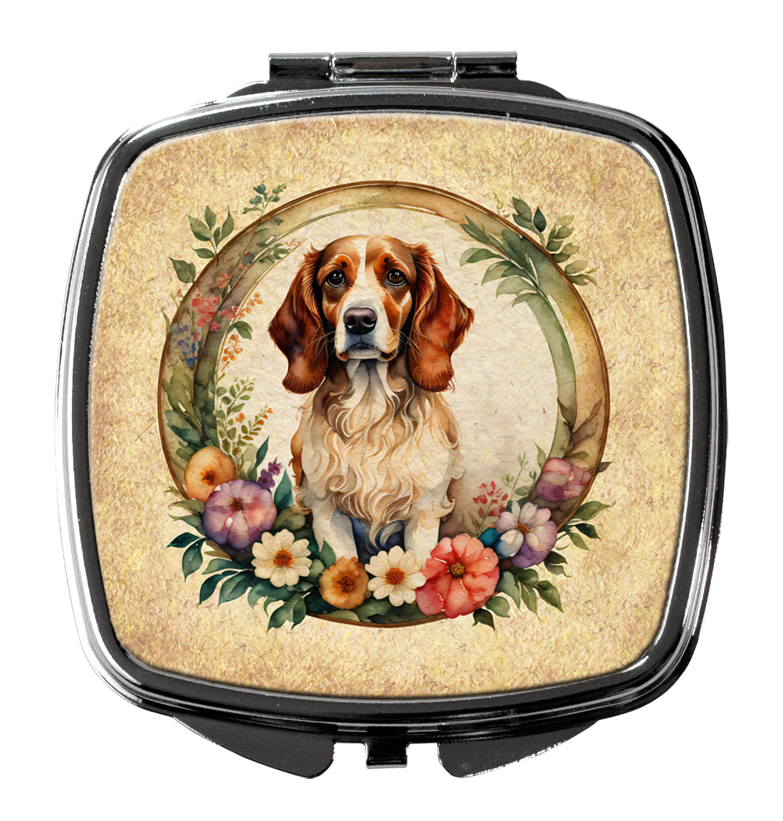 DAC2105SCM 3 x 2.75 in. Brittany Spaniel & Flowers Compact Mirror